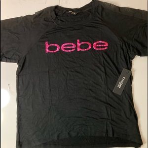 Cool! Bebe NWT, plus size, black with foil fuchsia logo, mesh strip on sleeves
